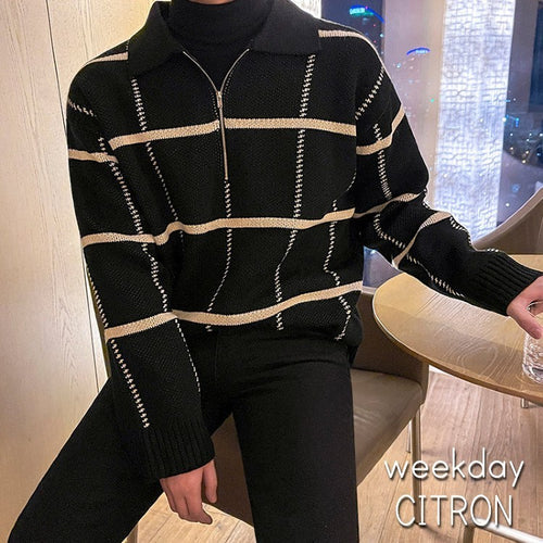 ハーフジップ ニット セータートップス チェック ルーズ メンズ  全2色