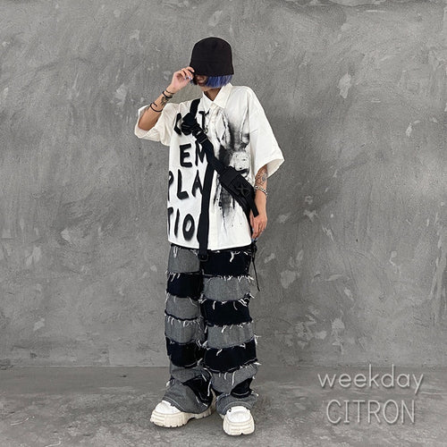 メンズ クラッシュデニム ワイドパンツ ダメージ加工 ジーンズ