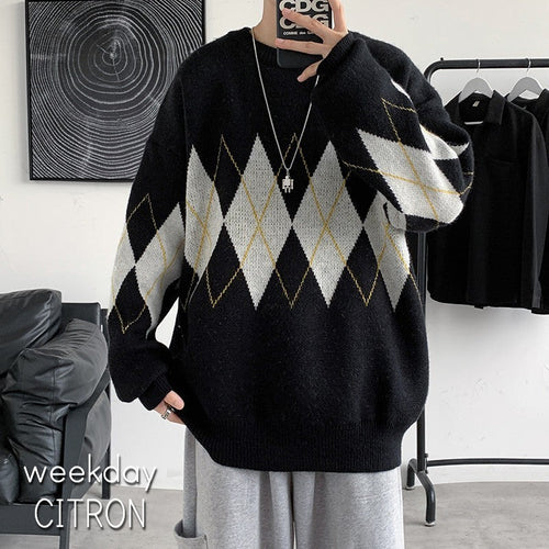 メンズ アーガイル セーター ルーズ 韓国 トップス  メンズ 全2色