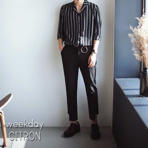 メンズ ストライプ シャツ 長袖 ストライプ きれいめ 黒 韓国