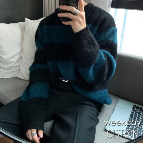 ボーダー ニット ニットセーター メンズ トップス ルーズ 全3色 カジュアル 韓国