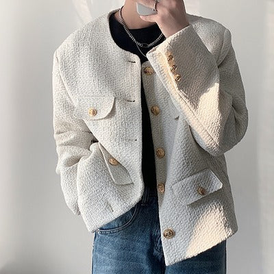 メンズ 韓国 ツイード ジャケット ラグジュアリー ノーカラー