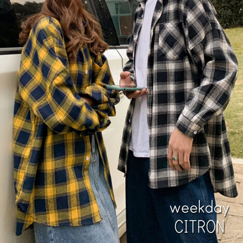 チェック ルーズ シャツ 2色 レトロ ユニセックス シャツ 韓国 レディース  メンズ