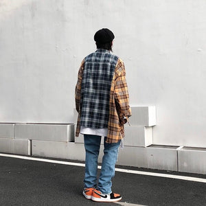 切り替え ルーズ チェック シャツ 韓国 ワイド メンズ レディース