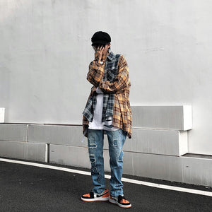 切り替え ルーズ チェック シャツ 韓国 ワイド メンズ レディース