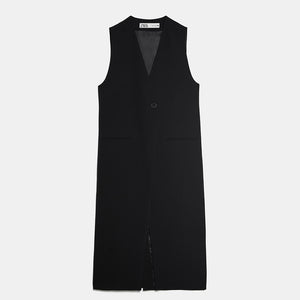 ZARA ザラ ボタン留めロング丈ベスト夏秋新品　レディース　エレガント ブラック 2418878