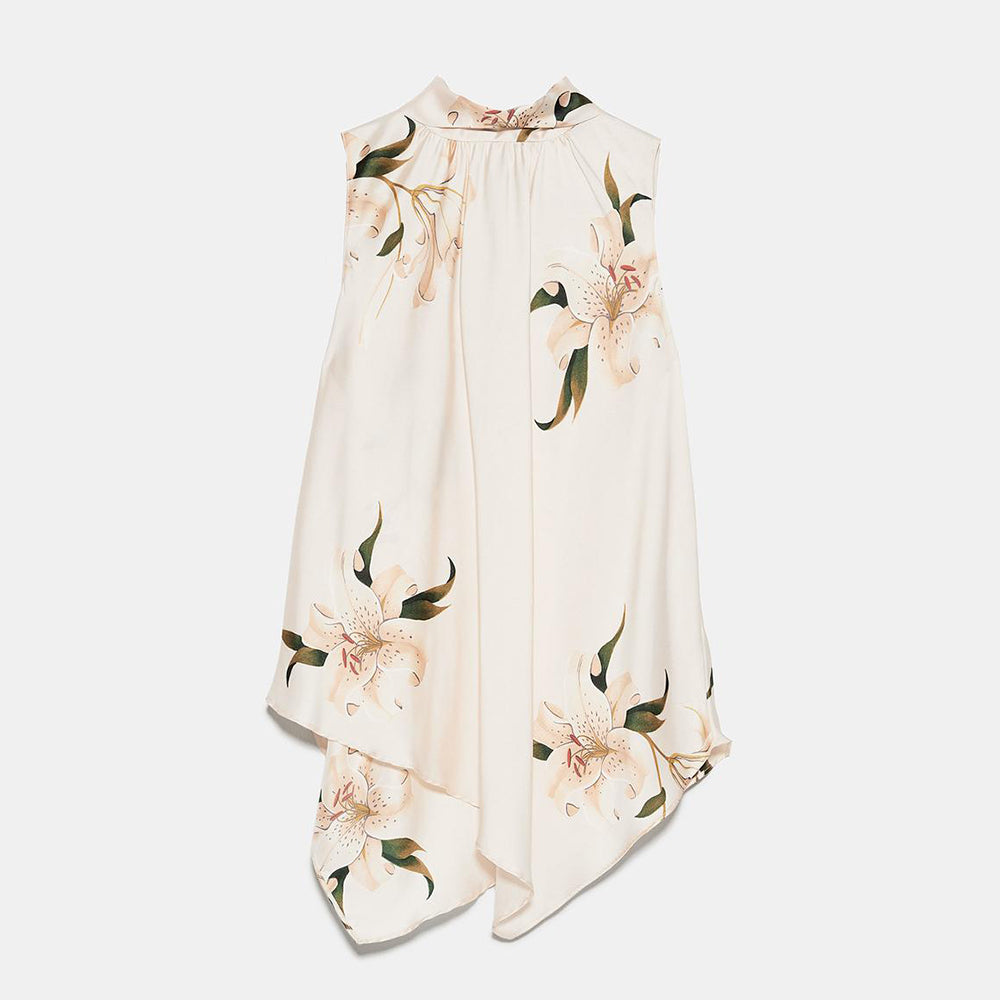 ZARA ザラ サテン地 プリントブラウス ゆり カサブランカフラワー レディース 夏秋向け 2655238