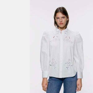 ZARA ザラ 刺繍入りポプリンチェストシャツ セックシ 綿素材 デートホワイト 4786288