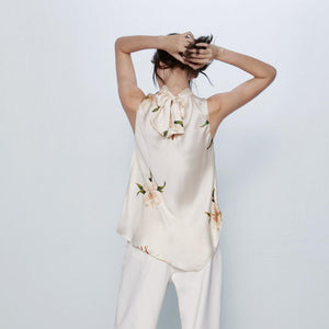 ZARA ザラ サテン地 プリントブラウス ゆり カサブランカフラワー レディース 夏秋向け 2655238
