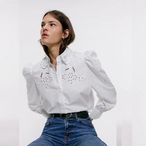 ZARA ザラ 刺繍入りポプリンチェストシャツ セックシ 綿素材 デートホワイト 4786288