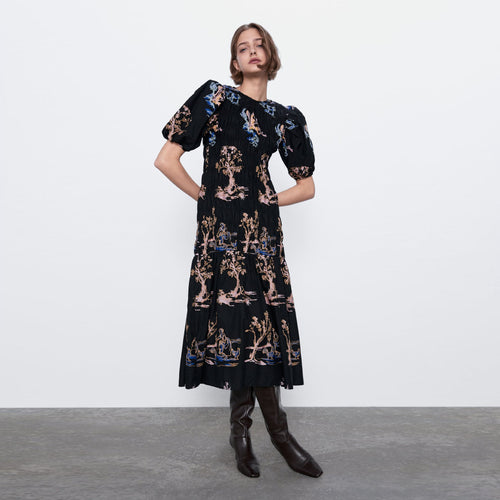 ZARA 刺繍入りストレッチワンピース ブラック 3440047