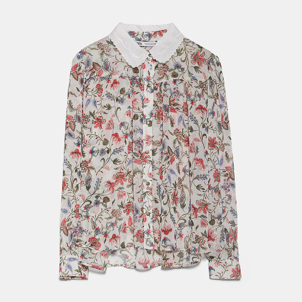 ZARA ザラ 刺繍入りカラープリント柄シャツ レディース　春秋 2317145