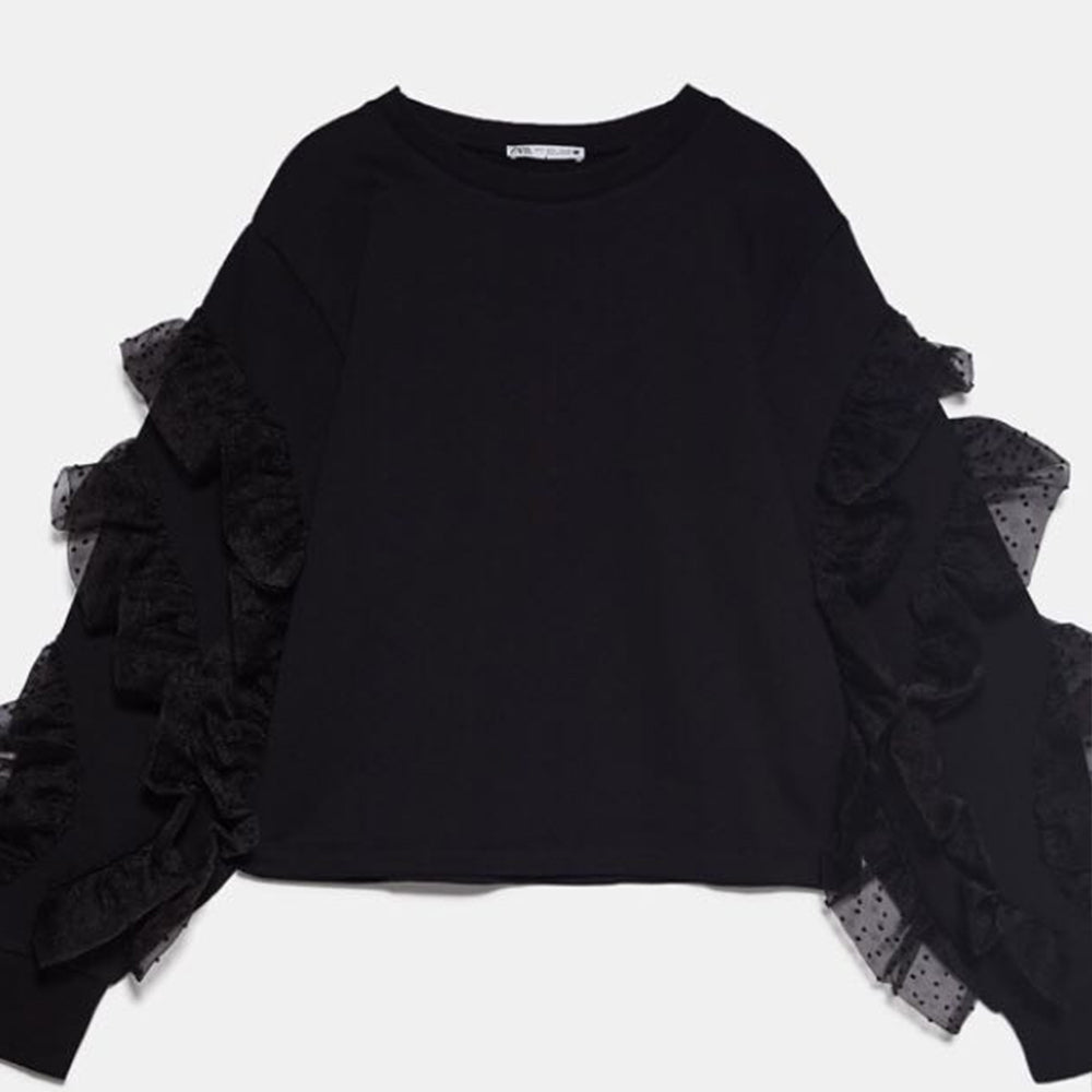 ZARA ザラ フリル付きプリュムティ刺繍入り生地スウェットシャツ 個性的 春秋 7901157