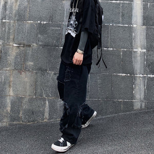 ストリートファッション デニムパンツ ダメージ ワイドパンツ