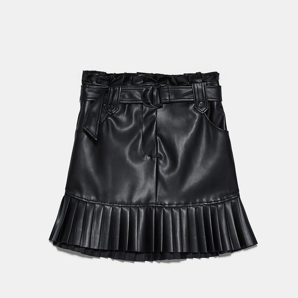 ZARA ザラ プリーツ入りレザーブームミニスカート レディース　可愛い ブラック 2454451