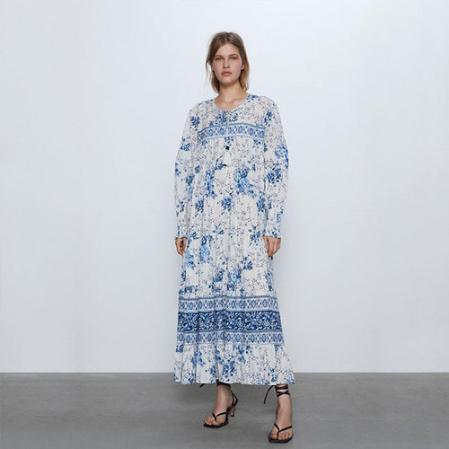 ZARA ザラ  ロング丈プリント花柄ワンピース　中国ブーム ホワイト ブルー 5107044