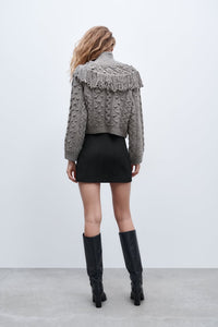 ZARA ザラ フリンジ付きニットセーター グレー レディース 3859001