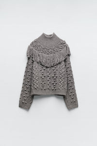 ZARA ザラ フリンジ付きニットセーター グレー レディース 3859001