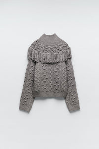 ZARA ザラ フリンジ付きニットセーター グレー レディース 3859001