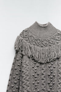 ZARA ザラ フリンジ付きニットセーター グレー レディース 3859001