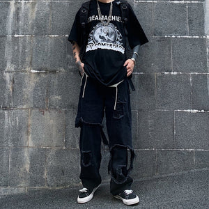 ストリートファッション デニムパンツ ダメージ ワイドパンツ