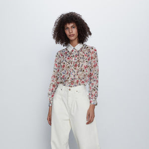 ZARA ザラ 刺繍入りカラープリント柄シャツ レディース　春秋 2317145