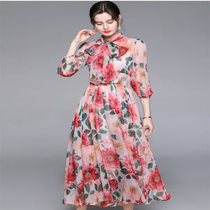 ワンピース 花柄 シフォン 柄ワンピ Ａライン 7分袖 ロング丈