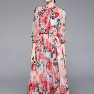 ワンピース 花柄 シフォン 柄ワンピ Ａライン 7分袖 ロング丈