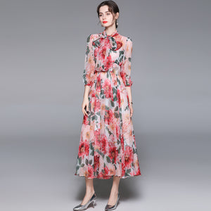 ワンピース 花柄 シフォン 柄ワンピ Ａライン 7分袖 ロング丈