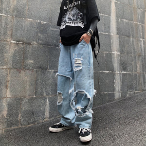 ストリートファッション デニムパンツ ダメージ ワイドパンツ