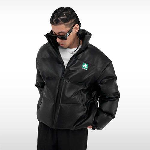 AFGK フェイクレザー 3D 立体 サークルロゴ ダウンジャケット