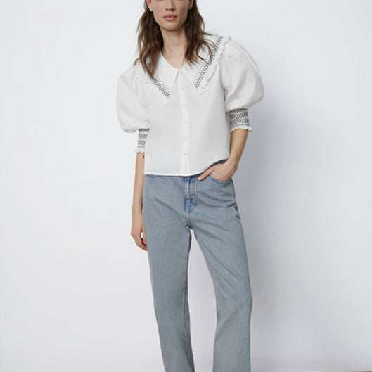 ZARA ザラスモッキングディテール ポプリンブラウスコットンホワイトレディース7200021
