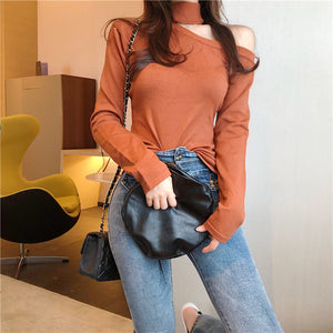30%OFF レディース   セーター  ニット 指穴あき ワンショルダー トップス 秋冬