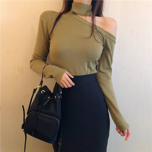 30%OFF レディース   セーター  ニット 指穴あき ワンショルダー トップス 秋冬