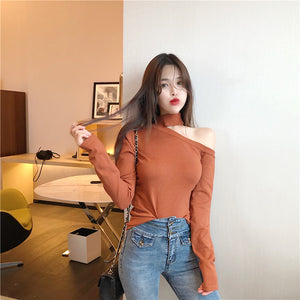 30%OFF レディース   セーター  ニット 指穴あき ワンショルダー トップス 秋冬