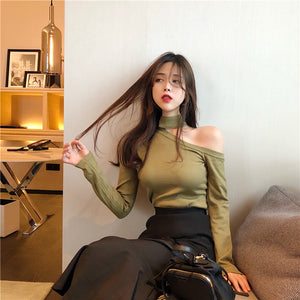 30%OFF レディース   セーター  ニット 指穴あき ワンショルダー トップス 秋冬