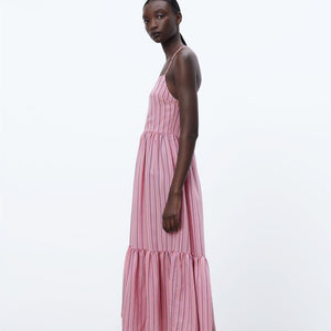 ZARA ザラストライプ柄ミディ丈ワンピースレーヨンピンクレディース8342116