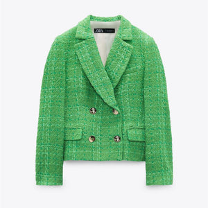 ZARA ザラテクスチャー素材ダブルブレストブレザーアセテートアップルグリーンレディース7762675