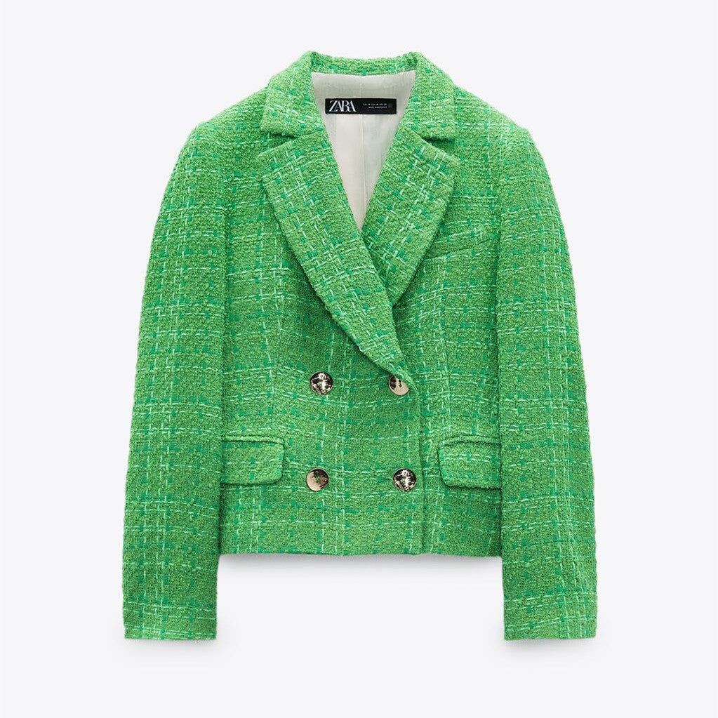 ZARA ザラテクスチャー素材ダブルブレストブレザーアセテートアップルグリーンレディース7762675