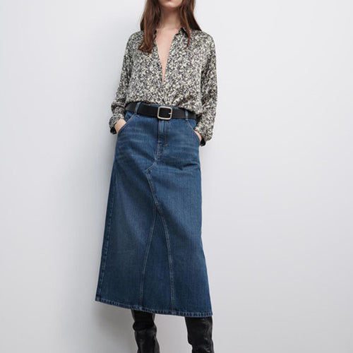 ZARA ザラ70S デニム プレミアム ミディスカートミディアムブルーコットンレディース6164202