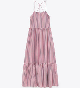 ZARA ザラストライプ柄ミディ丈ワンピースレーヨンピンクレディース8342116