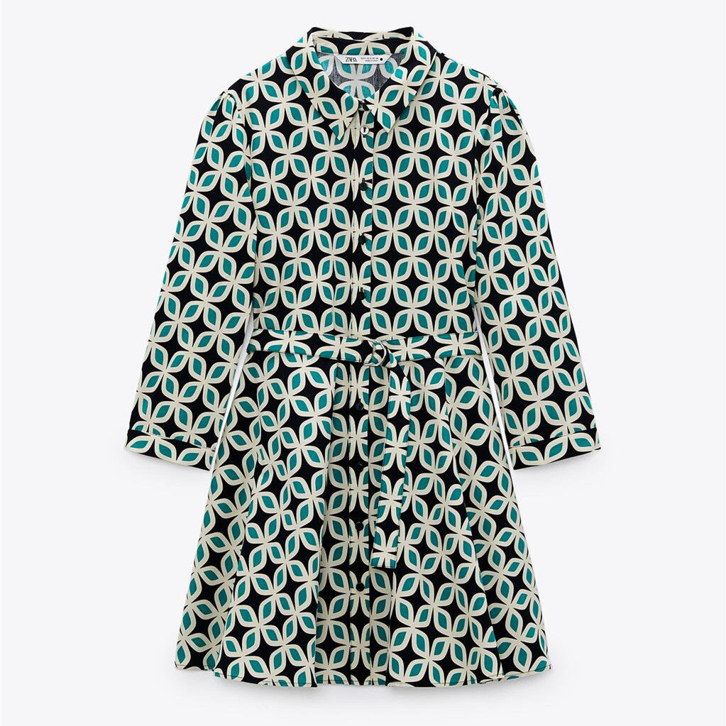 ZARA ザラベルト付きプリント柄ワンピースコットングリーンレディース4479040