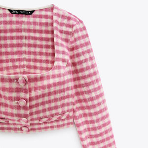 ZARA ザラギンガムチェックトップスコットンライトフクシアレディース2478645