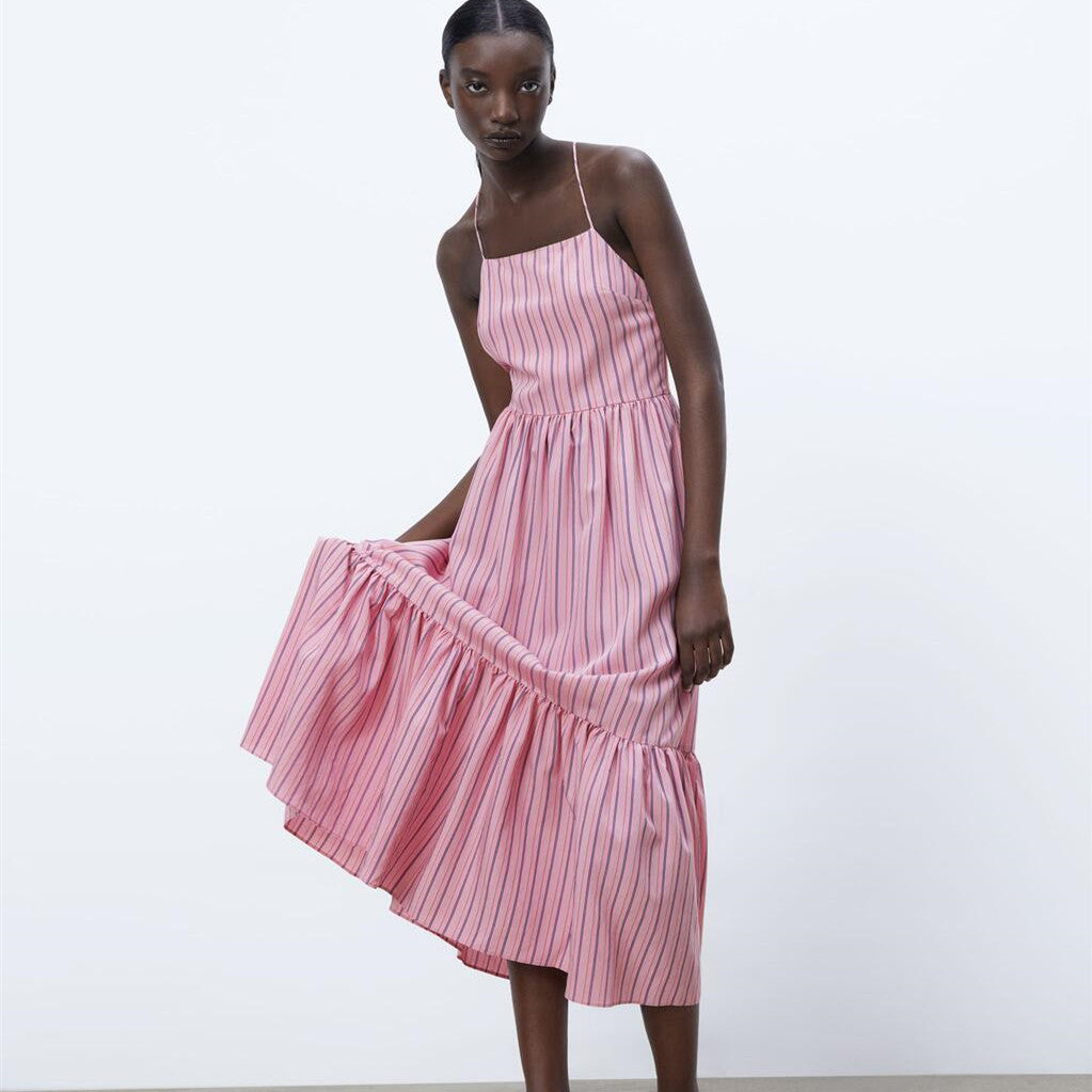 ZARA ザラストライプ柄ミディ丈ワンピースレーヨンピンクレディース8342116
