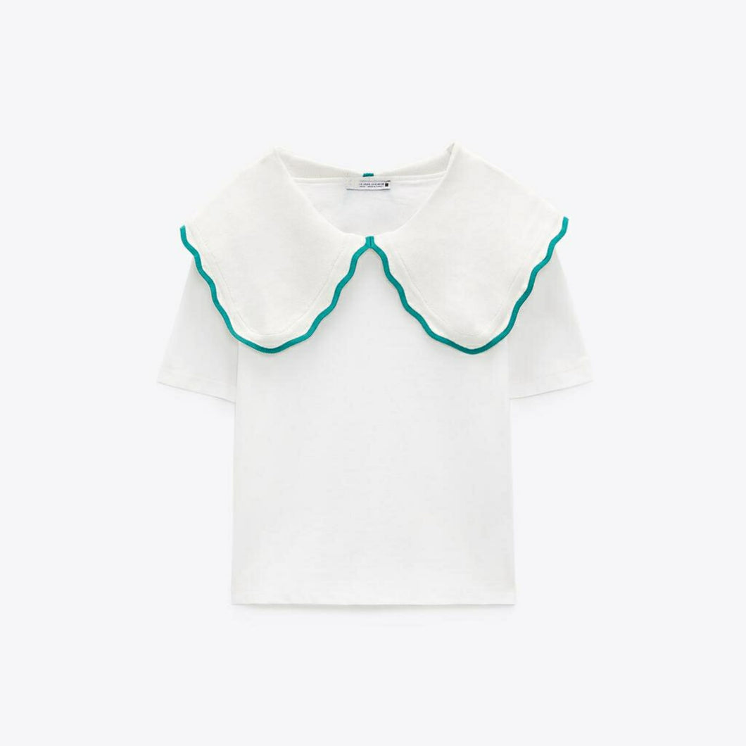 ZARA ザラコントラストネックライン仕様Ｔシャツコットンホワイトレディース1930042