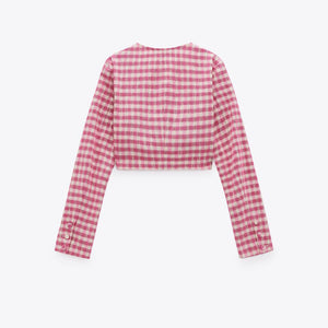 ZARA ザラギンガムチェックトップスコットンライトフクシアレディース2478645