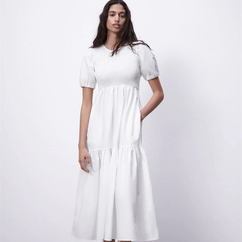 ZARA ザラポプリン パネル ミディワンピースコットンホワイトレディース2566049