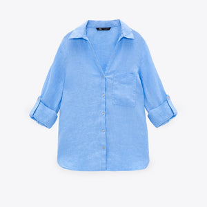 ZARA ザラベーシックリネンシャツリネンライトブルーレディース2230503