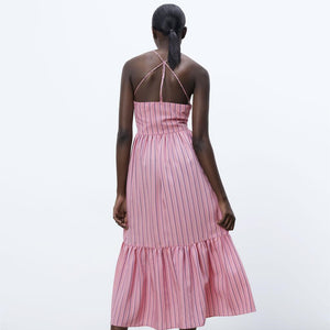 ZARA ザラストライプ柄ミディ丈ワンピースレーヨンピンクレディース8342116