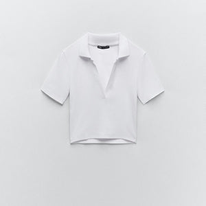 ZARA ザラリブ編みポロシャツコットンホワイトレディース4424306